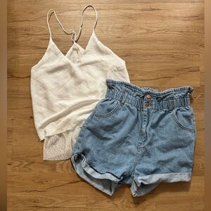 Free People tank top and Seethrusoul paper bag denim shorts